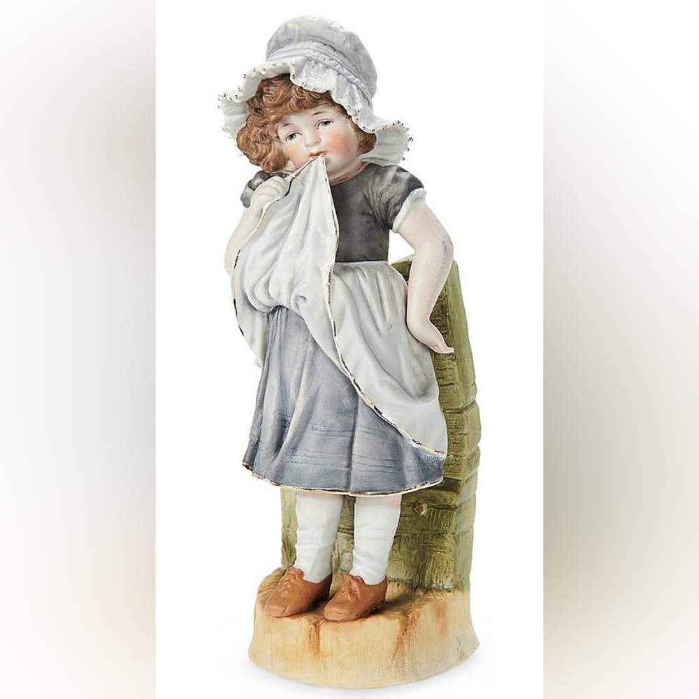 German Bisque "Little Girl with Charlotte Cap and Apron" by Hertwig Circa 1900